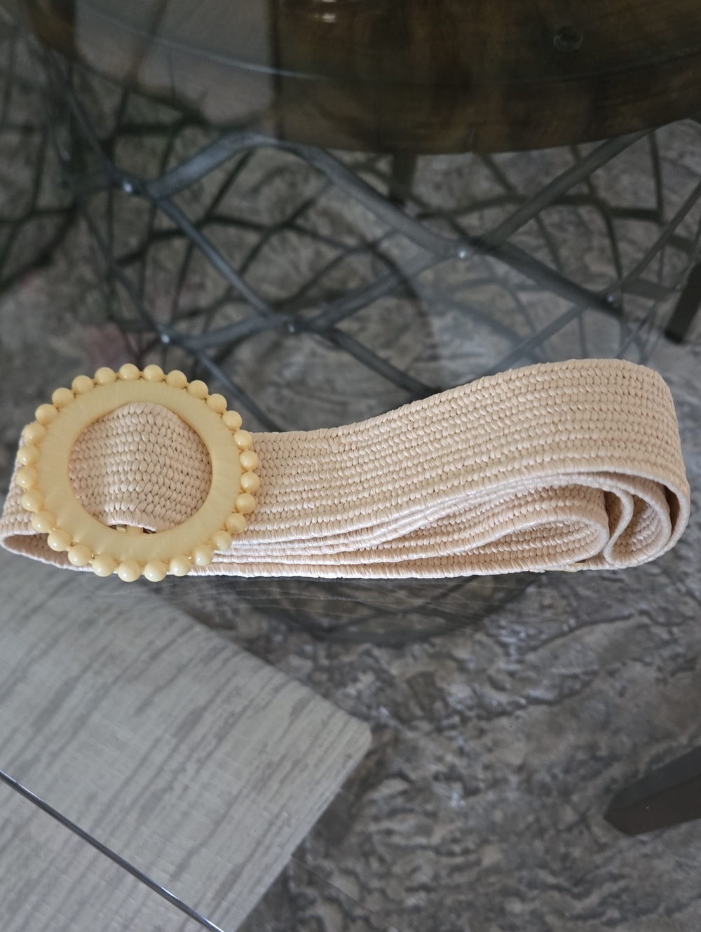 New Elastic Woven Neutral Belt with Decorative Beaded Buckle - Cream
